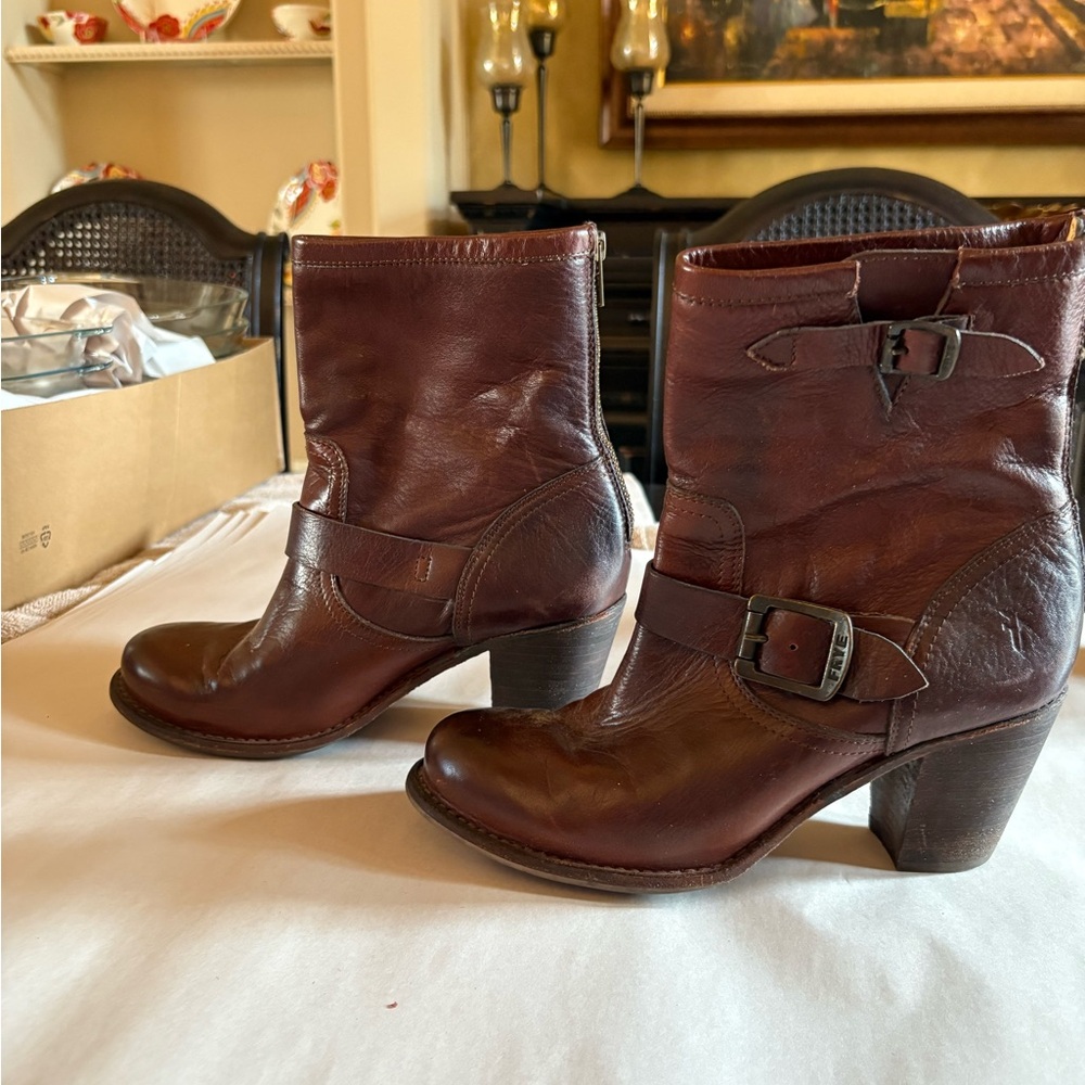 Frye Brown Ankle Booties with Buckle Straps
